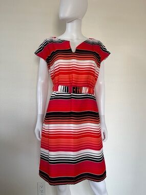 Banana Republic Red & Orange Striped Belted Midi Dress